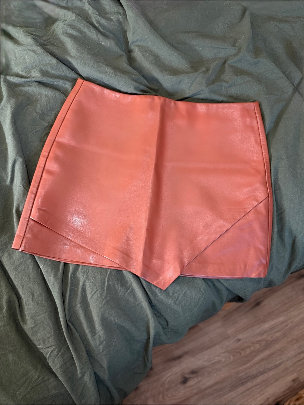 Burnt Orange Rust Brown High-Rise Faux Leather Asymmetrical Fall Mini Skirt